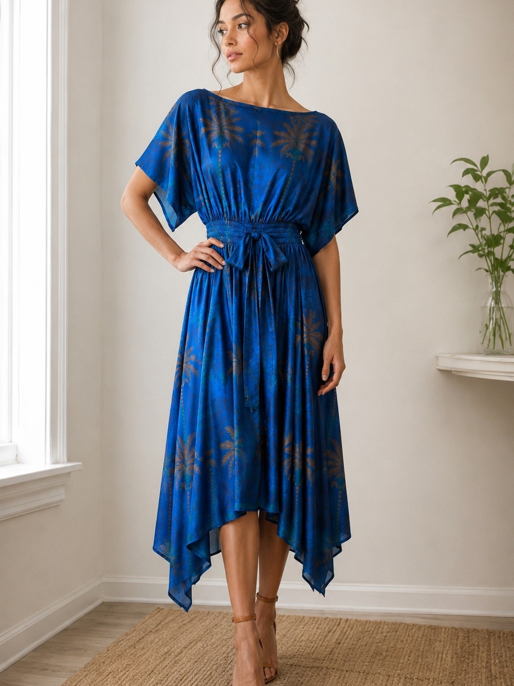 Misa LA Blue Satin Palm-Print Midi Dress